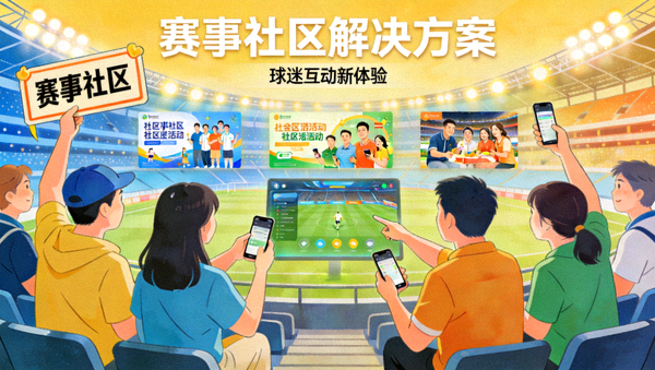 赛事社区解决方案配图，球迷在看台与社区交流场景